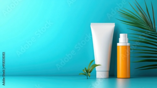 Wallpaper Mural Cosmetic containers on blue, white tubes, sunbeams, palm shadows, flat design illustration Torontodigital.ca