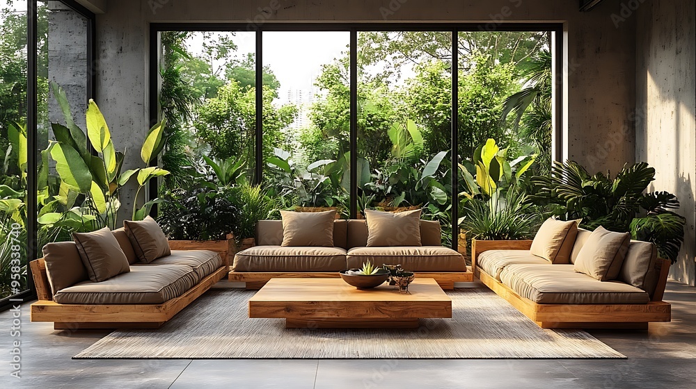 Loft living room with an urban jungle theme, featuring lush indoor plants, minimalist wooden furniture, and large windows providing a sweeping view of the city, Loft living room with an urban jungle theme, featuring lush indoor plants, minimalist wooden furniture, and large windows providing a sweeping view of the city,