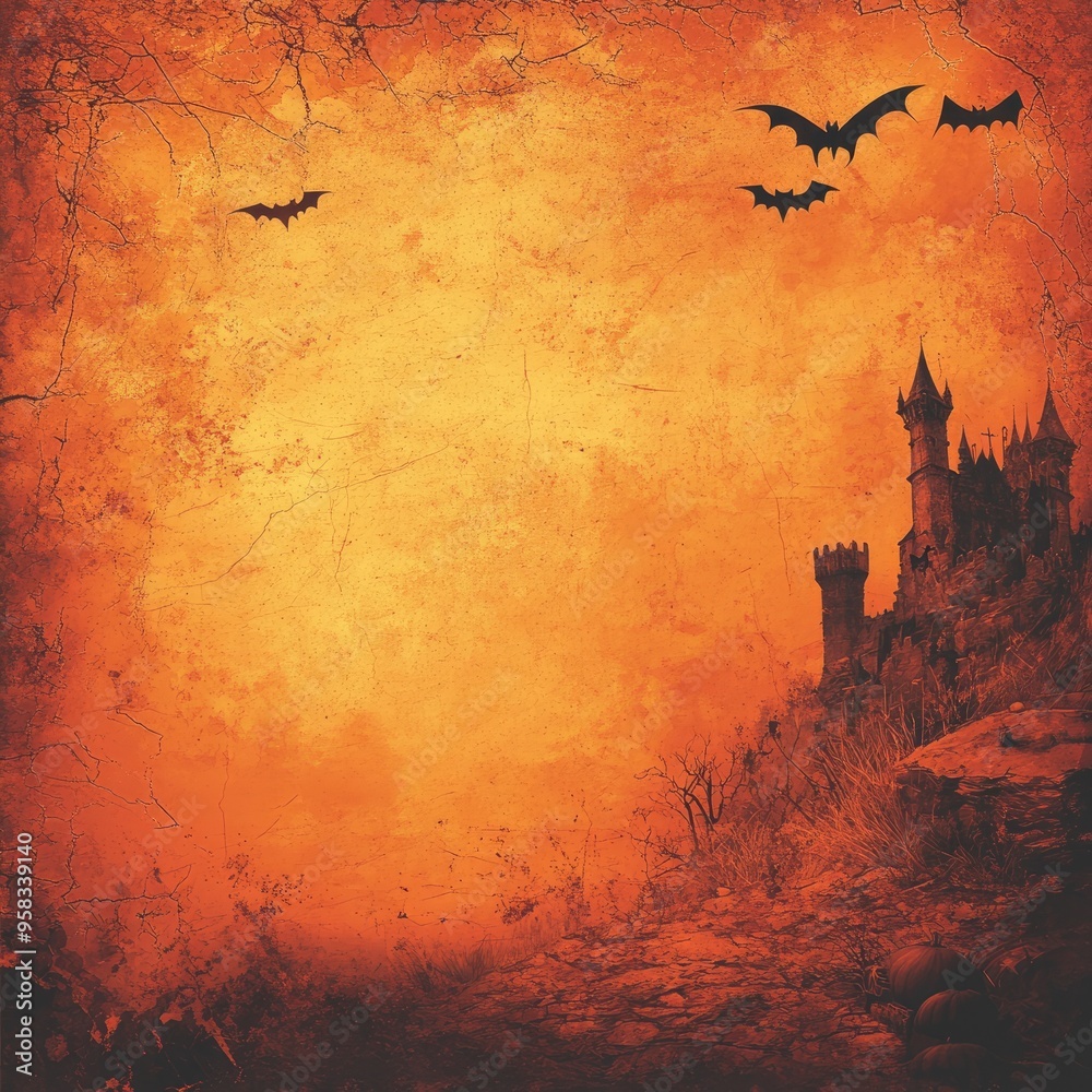 Naklejka premium Spooky Halloween Background with Bats, Silhouetted Pumpkins, and Textured Orange, Black, and Red Design