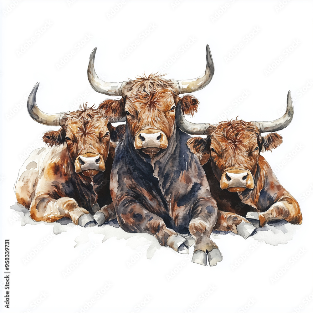 Group of resting Highland bulls, watercolor illustration, farm animals Group of resting Highland bulls, watercolor illustration, farm animals