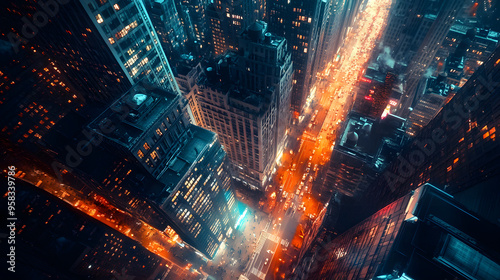 “Cinematic Shot of an Aerial View Looking Down on the Cityscape with Skyscrapers, Streets, and Traffic at Night” 