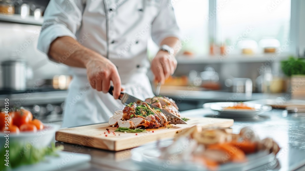 Modern kitchen with a chef slicing smoked chicken, focusing on texture and juiciness. Modern kitchen with a chef slicing smoked chicken, focusing on texture and juiciness.