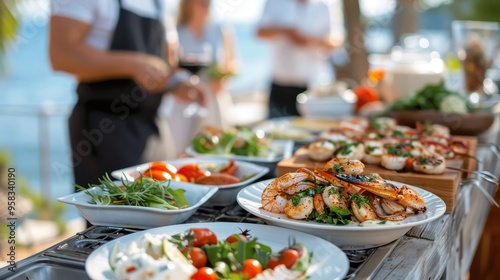 Outdoor seafood barbecue with grilled crab claws, fresh salads, and zesty sauces.