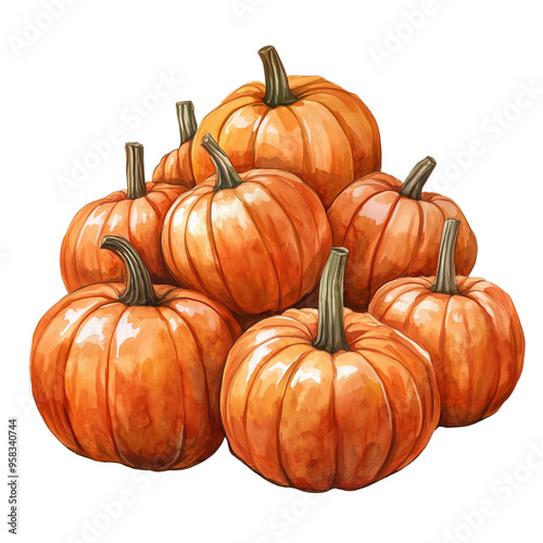 Pile of orange pumpkins, watercolor illustration, autumn harvest