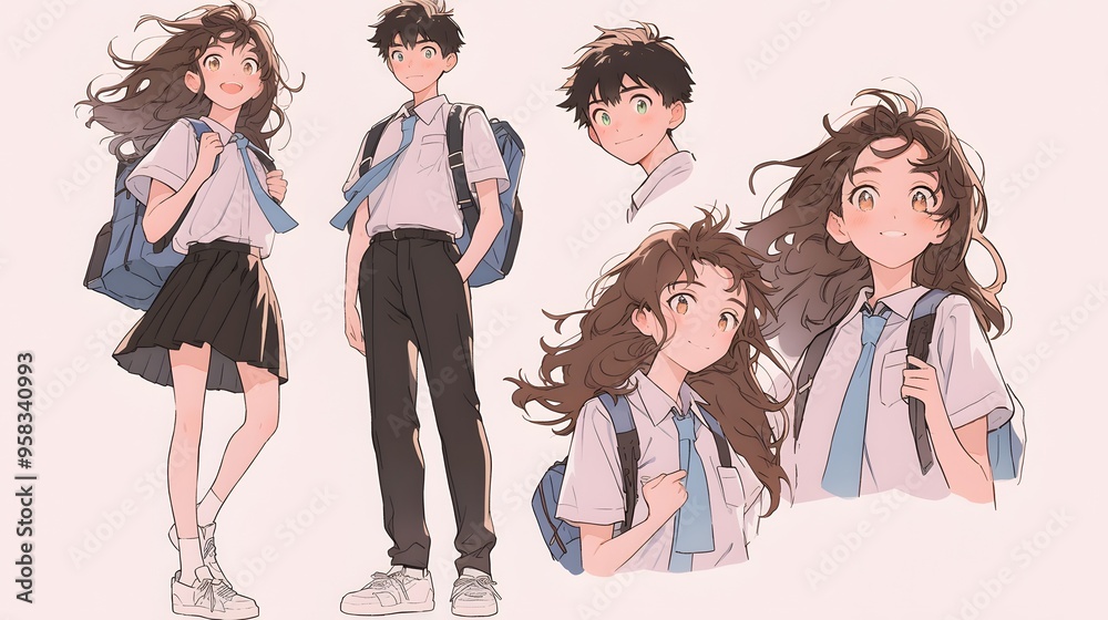 Fototapeta premium Happy School Students in Uniform with Backpacks