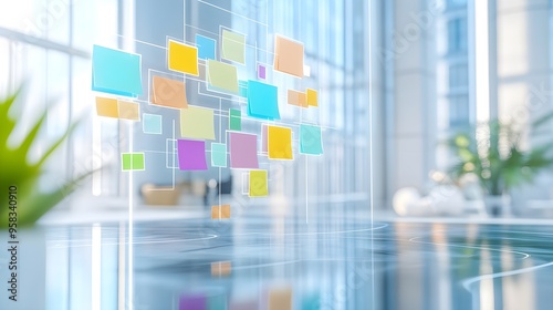 Modern Office Brainstorming - Colorful Sticky Notes on Glass Wall