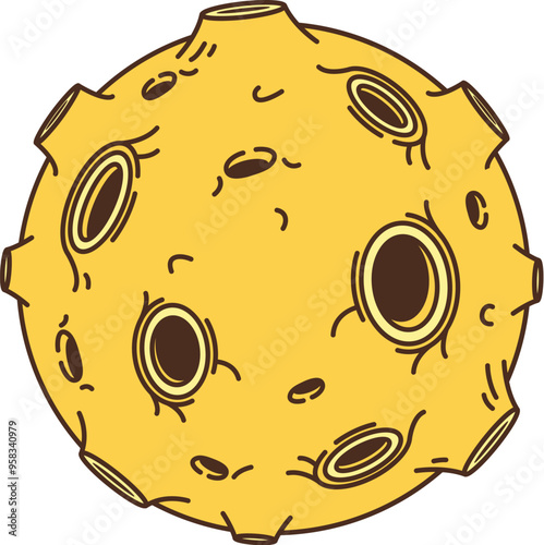 Retro groovy planet or asteroid in galaxy space, cartoon funky 70s comic art, isolated vector. Groovy space asteroid or alien galaxy planet with craters for quirky trippy badge of galactic fantasy