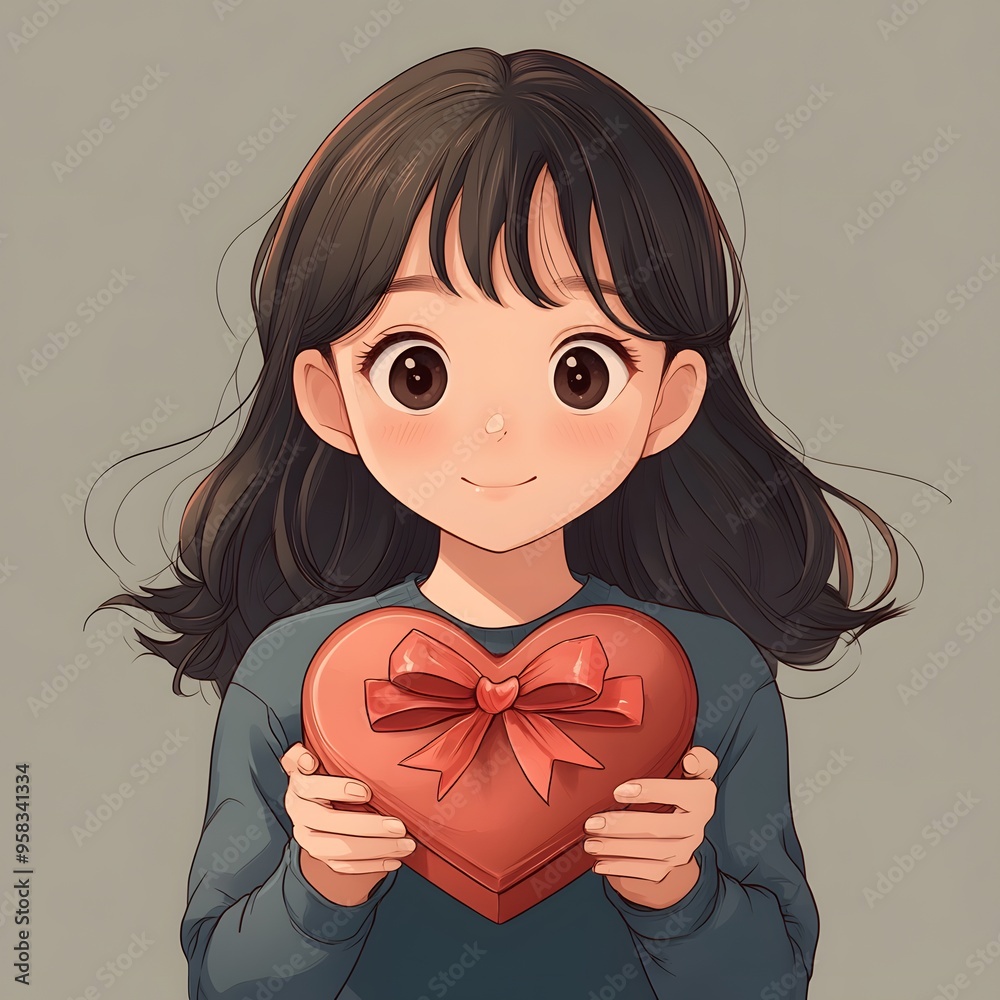 Cute Anime Girl Holding Heart Shaped Gift Box Cute Anime Girl Holding Heart Shaped Gift Box