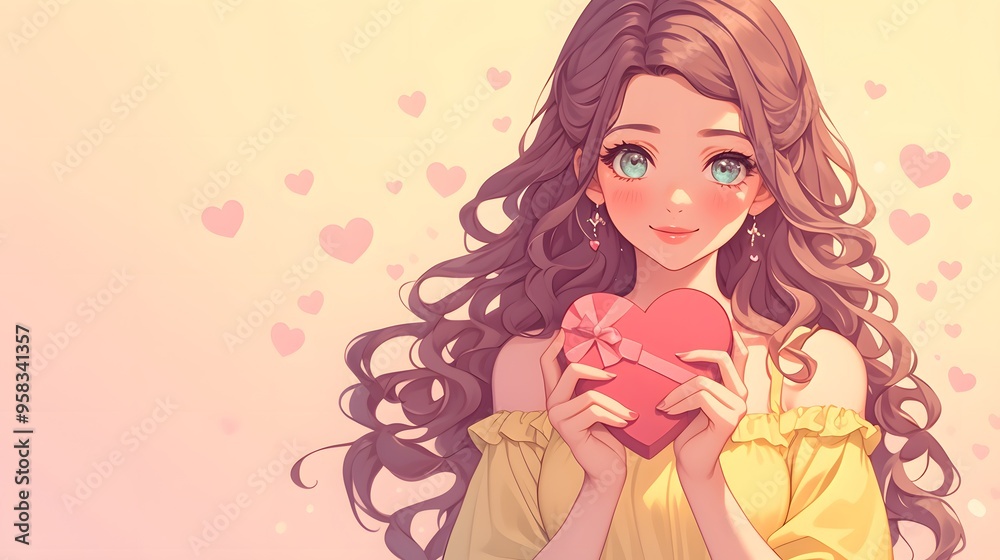 Cute Anime Girl Holding Heart Shaped Gift Box Cute Anime Girl Holding Heart Shaped Gift Box