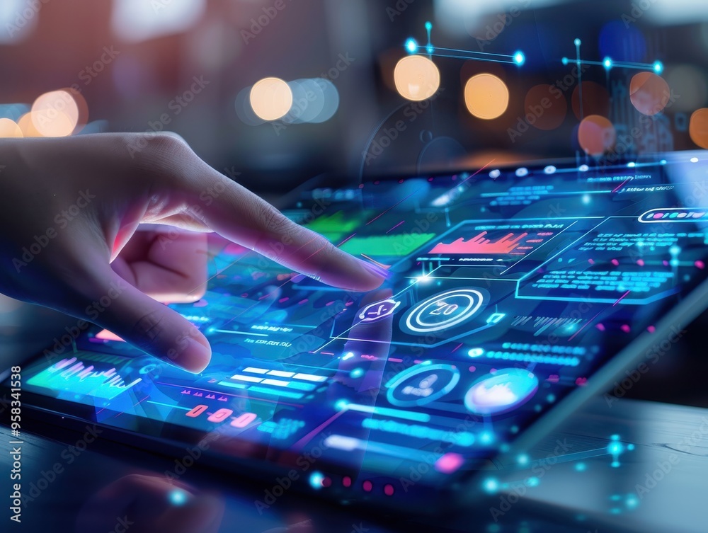 A close-up view of a hand interacting with a futuristic digital tablet interface displaying graphs and data analysis. A close-up view of a hand interacting with a futuristic digital tablet interface displaying graphs and data analysis.