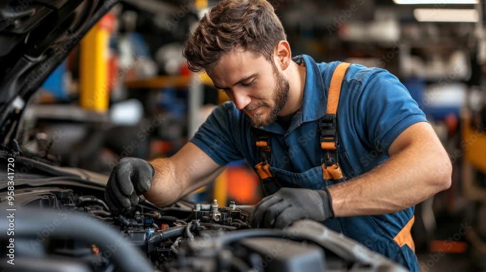 Concentrated Mechanic Working on Car Engine in Auto Repair Shop, Car Maintenance Service Concentrated Mechanic Working on Car Engine in Auto Repair Shop, Car Maintenance Service