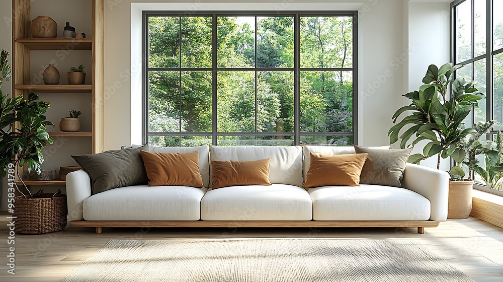 Scandinavian-inspired loft living room with white walls, light wood accents, and minimalist decor, including a comfortable sofa, simple shelving,