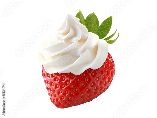 Strawberry with whipped cream isolated on transparent or white background photo