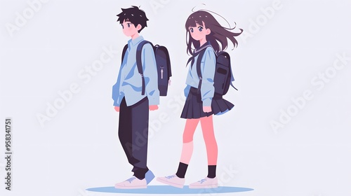 Anime School Couple Illustration Back to School Teenagers Friends Students