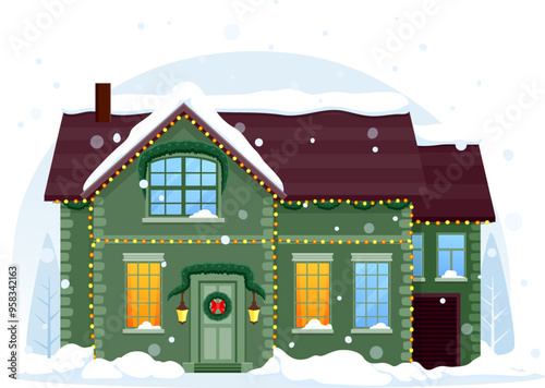 Isolated Christmas winter house facade with snow on roof cartoon vector building exterior. Winter town home with chimney, Christmas lights garland and wreath decoration on door with snowfall