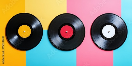 Three vinyl records with different colored labels.