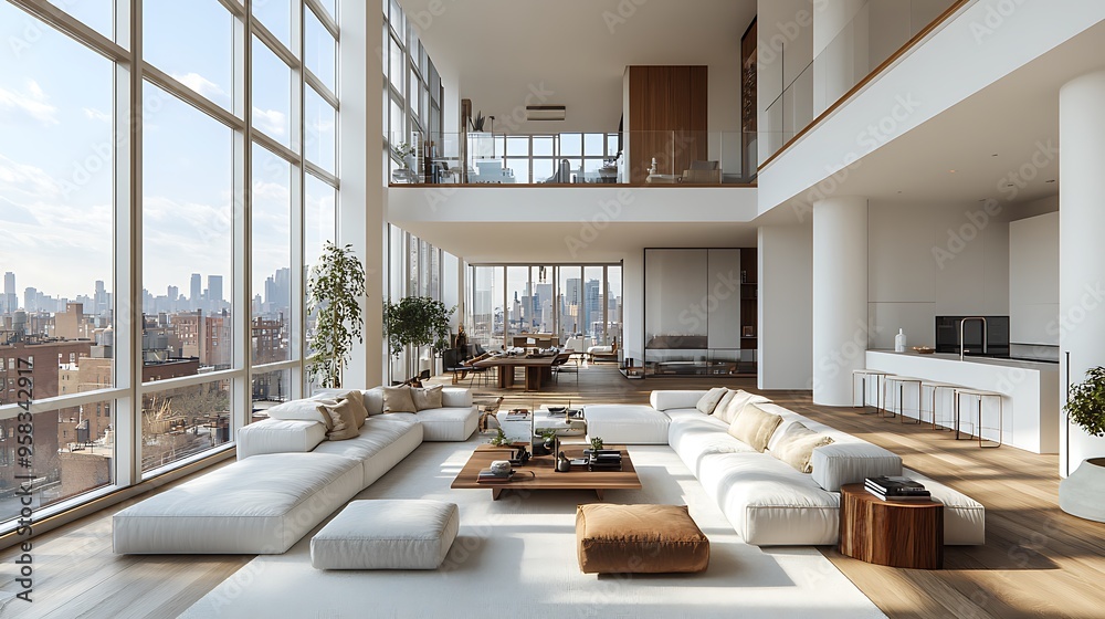 A bright and airy loft living room with an open floor plan, featuring modern, low-profile furniture, expansive windows that flood the space with light, and a seamless connection between the living, A bright and airy loft living room with an open floor plan, featuring modern, low-profile furniture, expansive windows that flood the space with light, and a seamless connection between the living,