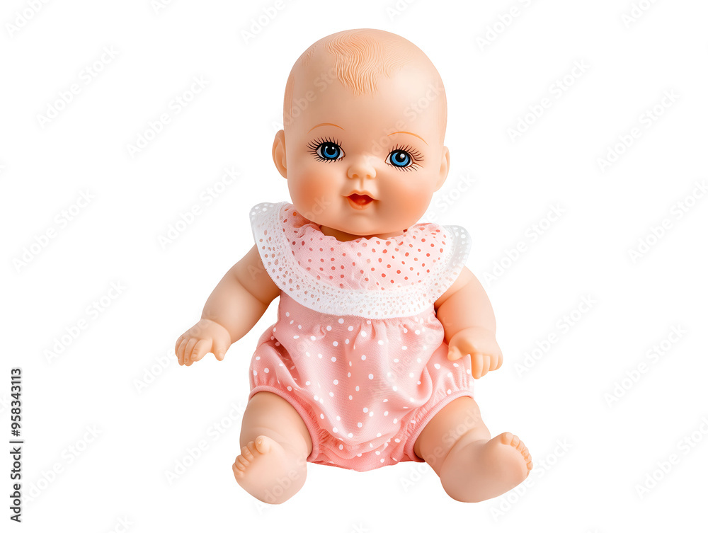Baby doll in pink dress isolated on transparent or white background Baby doll in pink dress isolated on transparent or white background