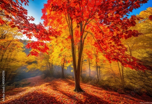 vibrant seasonal colors breathtaking forest treetops capturing splendor, autumn, foliage, trees, landscape, nature, beauty, scenery, outdoor, sunlight