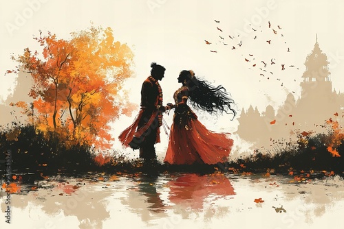 Romantic silhouette of Krishna and Radha dancing and embracing , symbolizing divine love and harmony, new beautiful stock image illustration AI