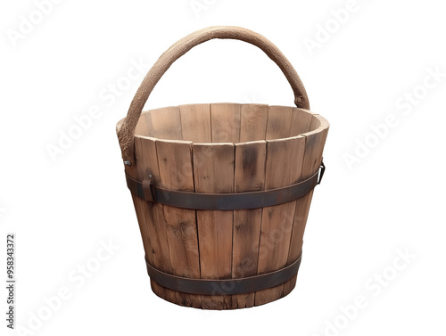 Wooden bucket with handle isolated on transparent or white background photo