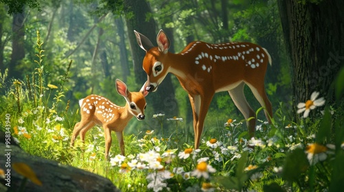 A Mother Deer and Her Fawn in a Sunny Forest Clearing