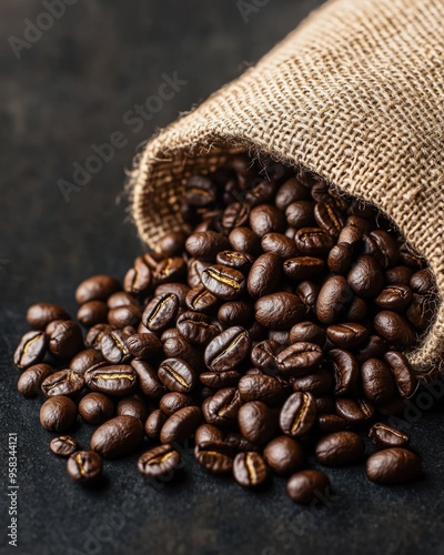 Organic coffee beans, spilling from burlap sack, 3D illustration