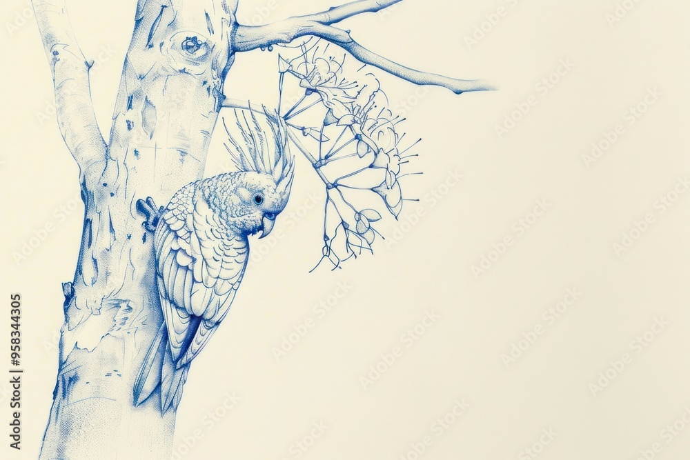 Naklejka premium Vintage drawing cockatiel bird on tree illustrated produce sketch.