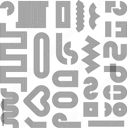 Line geometric arch and circle abstract shapes, retro elements for web, vintage. Brutalist, Contemporary mid century line design. Trendy vector geometric shapes collection.
