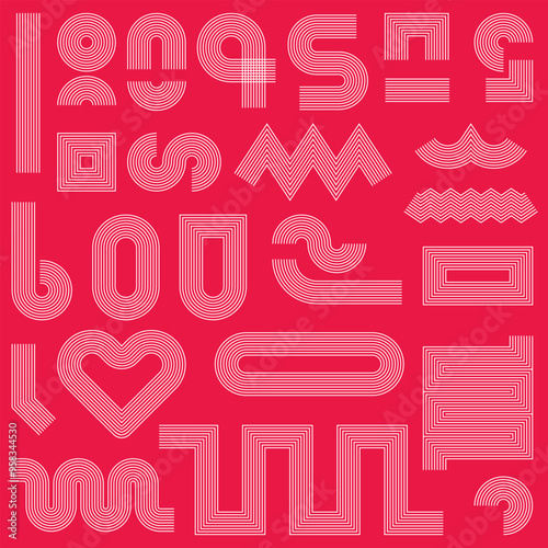 Line geometric arch and circle abstract shapes, retro elements for web, vintage. Brutalist, Contemporary mid century line design. Trendy vector geometric shapes collection.