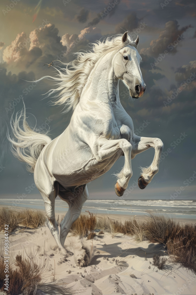Fototapeta premium A White Stallion Rears Up on Hind Legs on Sandy Beach
