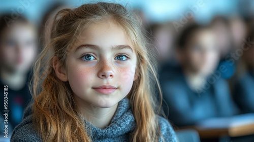 A young girl with blonde hair and blue eyes looks directly at the camera She is sitting in a group of other children The image is in focus on her face