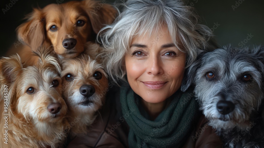 A woman surrounded by three dogs smiling and looking at the camera A woman surrounded by three dogs smiling and looking at the camera