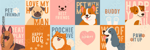 Pet dog cards. Cartoon stickers with cute puppies and phrases, quotes. Social media template about adopting animal. Pet shop, products banner. Vector concept.