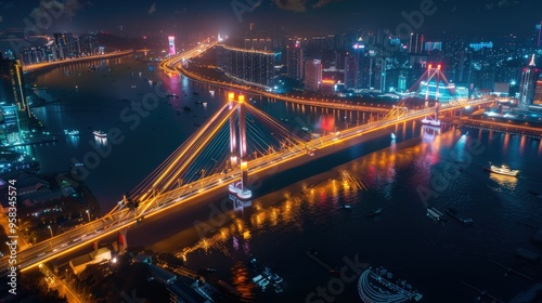 Observe the vibrant lights of a bridge illuminated at night