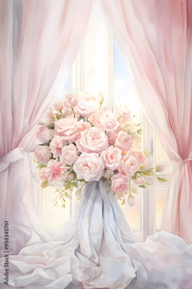 Romantic Portrait Wedding Copy Space Background of Elegant Watercolor Wedding Roses with Sateen, Floral Archway Window or Gate, Soft Pink Curtains, and Delicate Drapes for Valentine's Day or Ceremony Romantic Portrait Wedding Copy Space Background of Elegant Watercolor Wedding Roses with Sateen, Floral Archway Window or Gate, Soft Pink Curtains, and Delicate Drapes for Valentine's Day or Ceremony