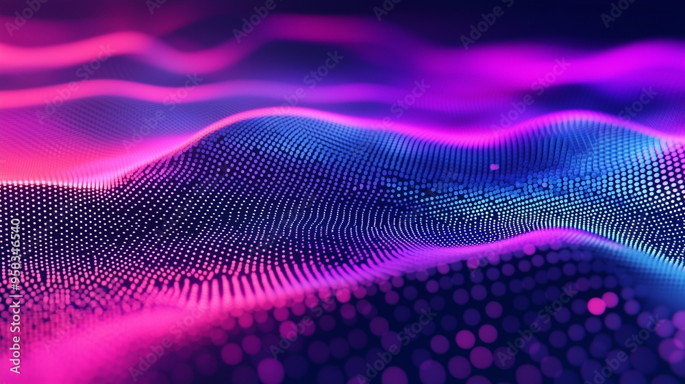 Digital landscape with vibrant waves of neon lights and pixelated grid, symbolizing data flow and futuristic technology. Digital landscape with vibrant waves of neon lights and pixelated grid, symbolizing data flow and futuristic technology.