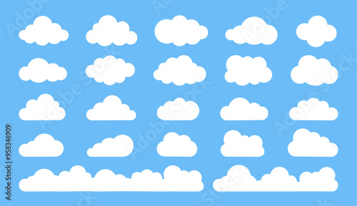 Flat cloud. Simple cloudy shapes. Cartoon white puffy, fluffy and cumulus clouds in blue sky. Abstract comic weather elements. Objects cloudscape for game. Vector collection.