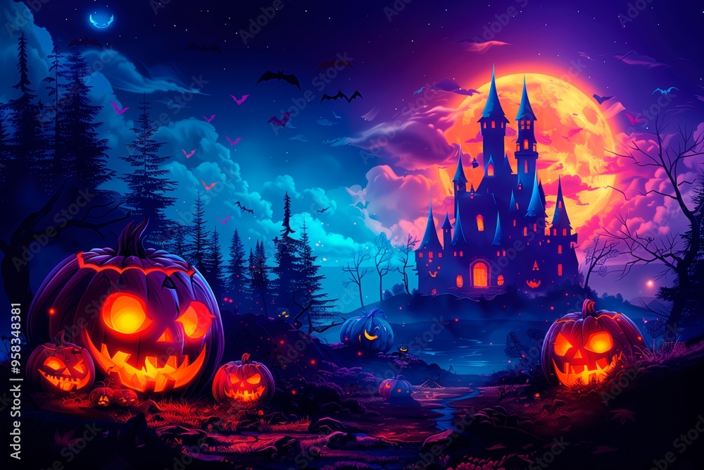 Spooky Halloween night with glowing pumpkins and a haunted castle at dusk, copy space for text, website banner, halloween advertising, halloween poster Spooky Halloween night with glowing pumpkins and a haunted castle at dusk, copy space for text, website banner, halloween advertising, halloween poster