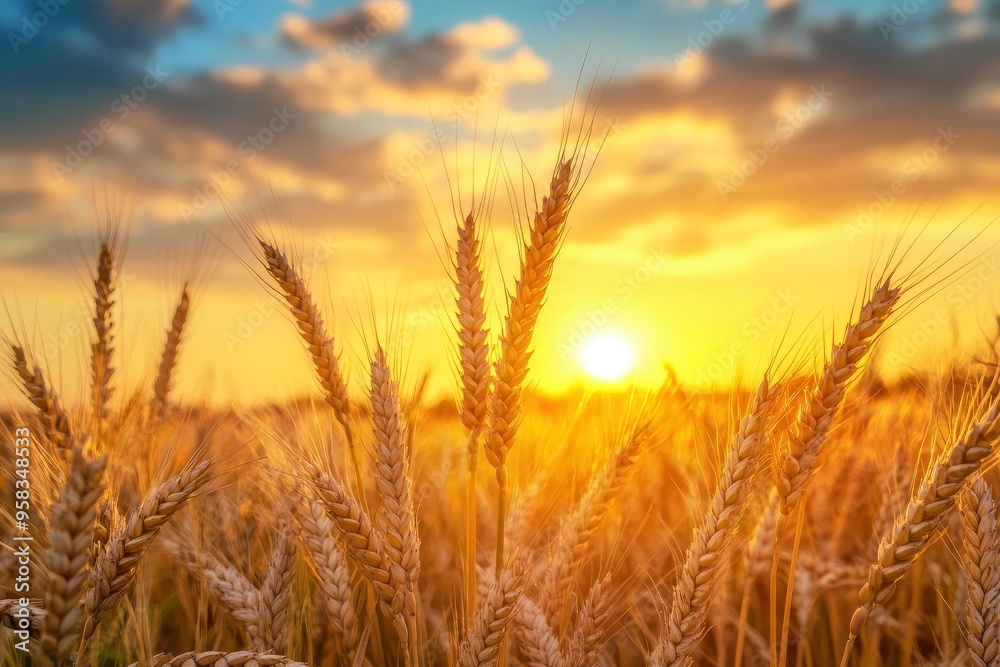 Ripe wheat fields natural landscape at sunset. farm harvest season , ai Ripe wheat fields natural landscape at sunset. farm harvest season , ai