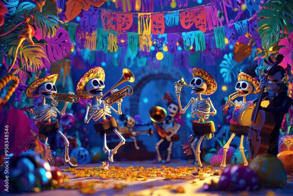 Obraz premium Skeletons Playing Music at a Day of the Dead Party.