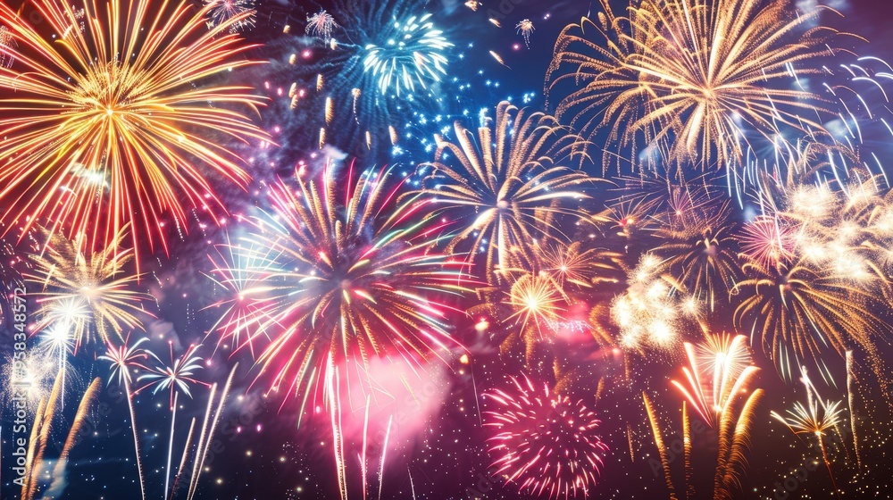 Picture a dazzling display of fireworks illuminating the night sky with bursts of color and light, creating Picture a dazzling display of fireworks illuminating the night sky with bursts of color and light, creating