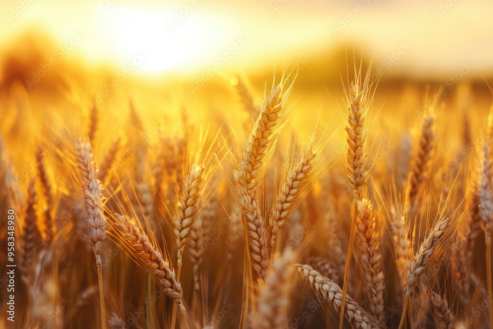 Ripe wheat fields natural landscape at sunset. farm harvest season , ai Ripe wheat fields natural landscape at sunset. farm harvest season , ai