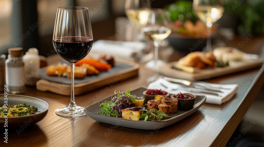 A beautifully arranged wine and food pairing setup, with a glass of red wine alongside gourmet dishes and a rich wooden table, emphasizing the culinary experience. A beautifully arranged wine and food pairing setup, with a glass of red wine alongside gourmet dishes and a rich wooden table, emphasizing the culinary experience.