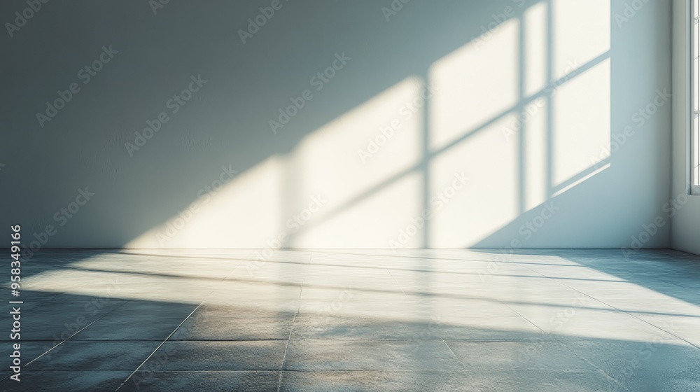 Fototapeta premium The subtle light and shadow reflections on the white walls create a simple and peaceful atmosphere. Soft and natural light casts light shadows, suitable for modern design and interior concepts.