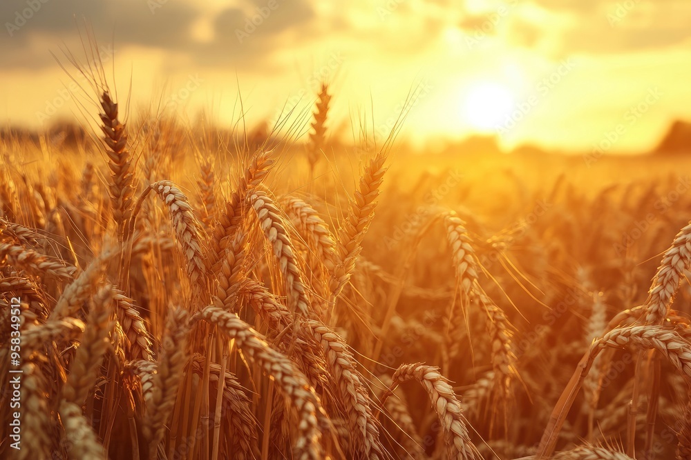 Ripe wheat fields natural landscape at sunset. farm harvest season , ai Ripe wheat fields natural landscape at sunset. farm harvest season , ai