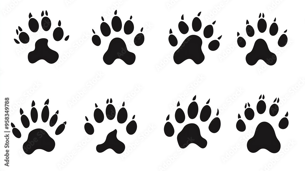 Fototapeta premium Vector black animal paw prints silhouette collection on a white background, vector illustration logo design with a flat style and simple minimalist details