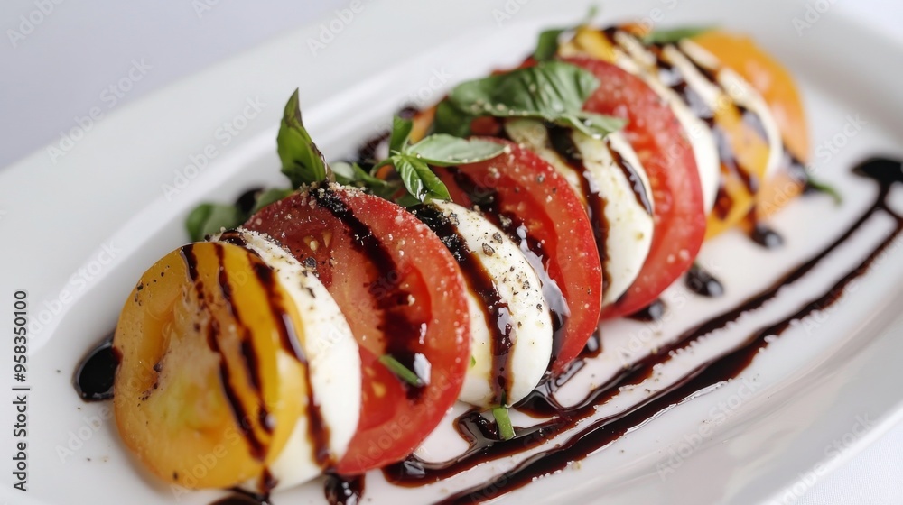 A beautifully plated Caprese salad with fresh tomatoes, mozzarella, basil, and a drizzle of balsamic glaze, arranged on a white surface to enhance its colorful presentation. A beautifully plated Caprese salad with fresh tomatoes, mozzarella, basil, and a drizzle of balsamic glaze, arranged on a white surface to enhance its colorful presentation.