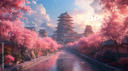 Magnificent 3D image of an ancient Japanese castle with a backdrop of blooming sakura trees, featuring an impressive view and ample room for background screens.