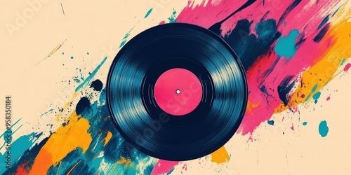 A vinyl record on a colorful background.